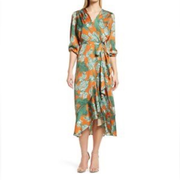 Sam Edelman orange green crepe wrap raffle midi dress size 6new - Picture 3 of 11
